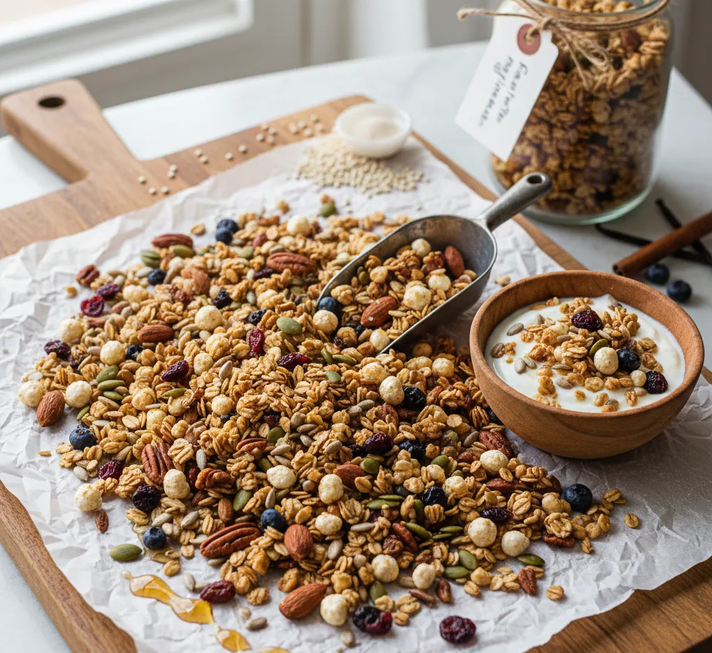 Gezonde granola met quinoa puffs: knapperig, voedzaam en eenvoudig zelf te maken