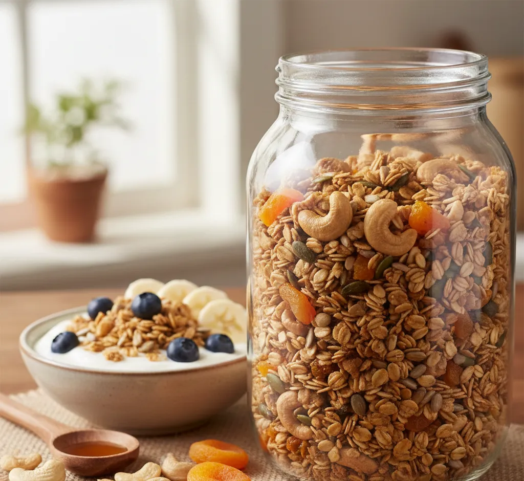 Granola met abrikozen en cashews: knapperig, voedzaam en eenvoudig zelf te maken