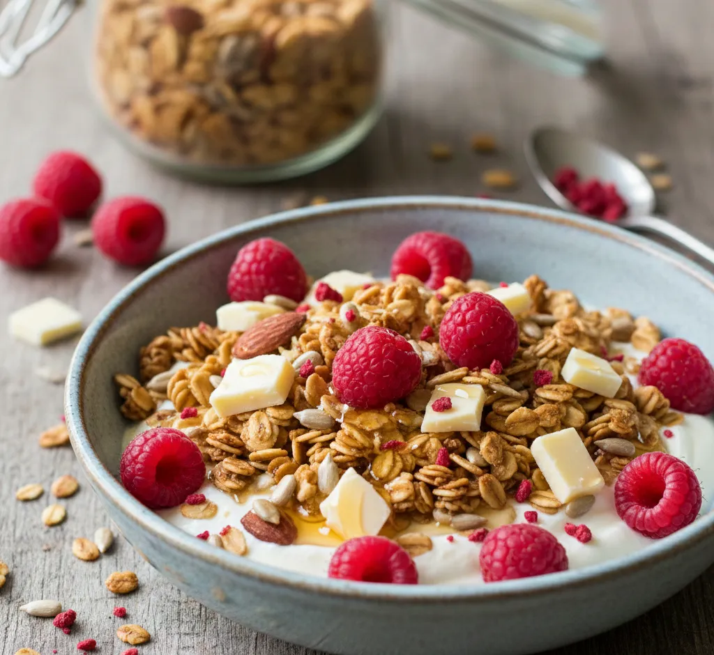 Granola met frambozen en witte chocolade: het ultieme verwenontbijt