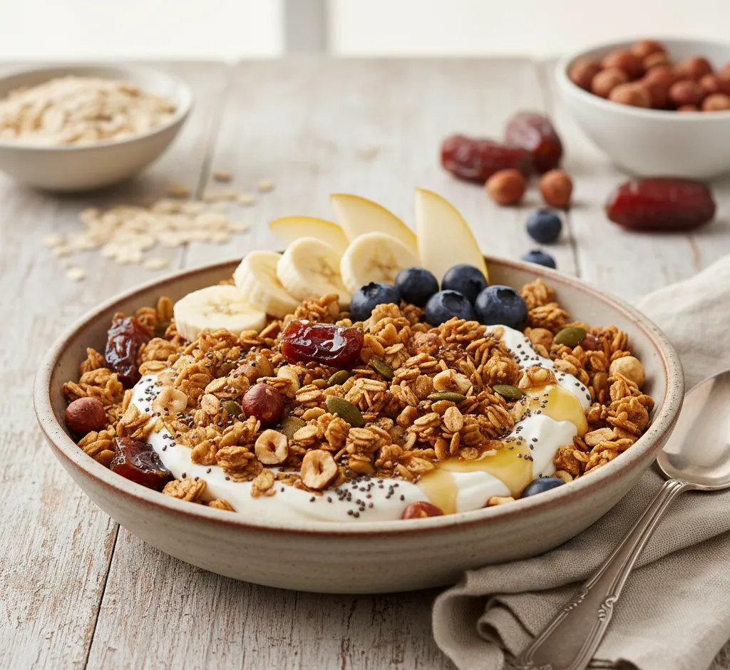 Granola met hazelnoten en dadels: knapperig, voedzaam en natuurlijk zoet