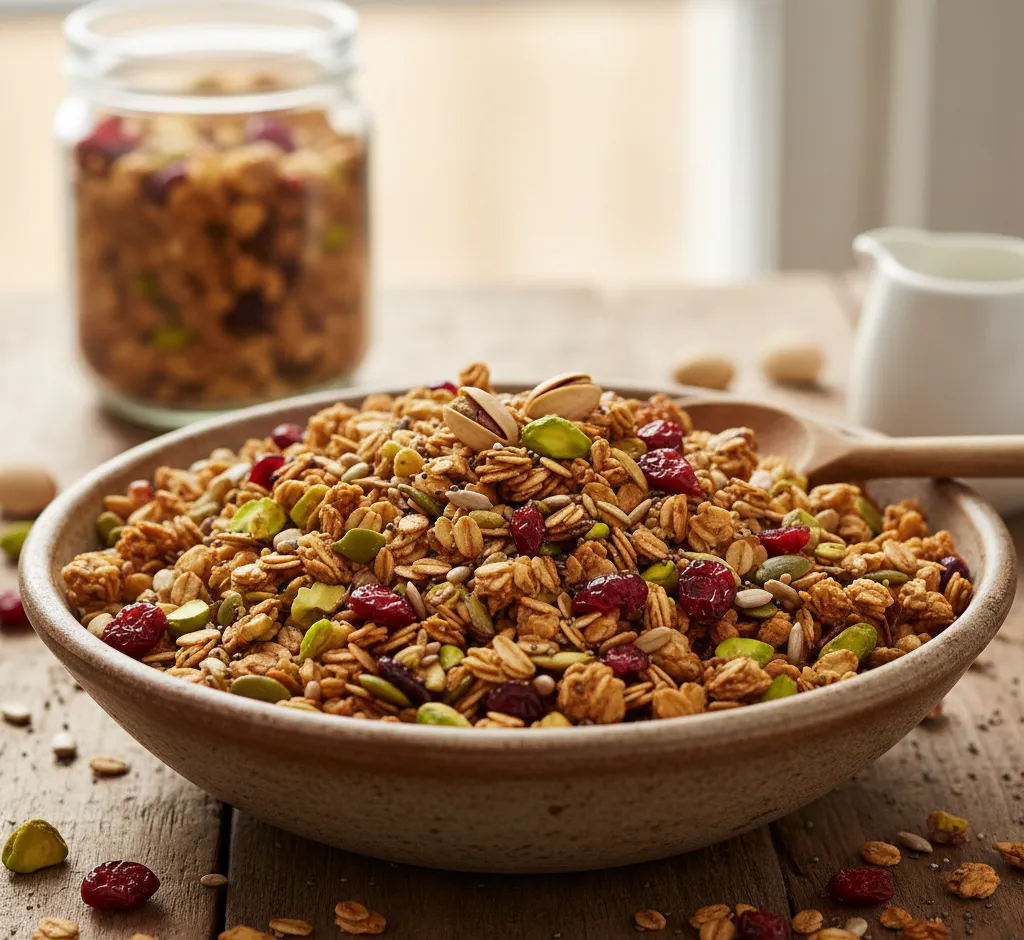 Granola met veenbessen en pistache: knapperig, kleurrijk en voedzaam