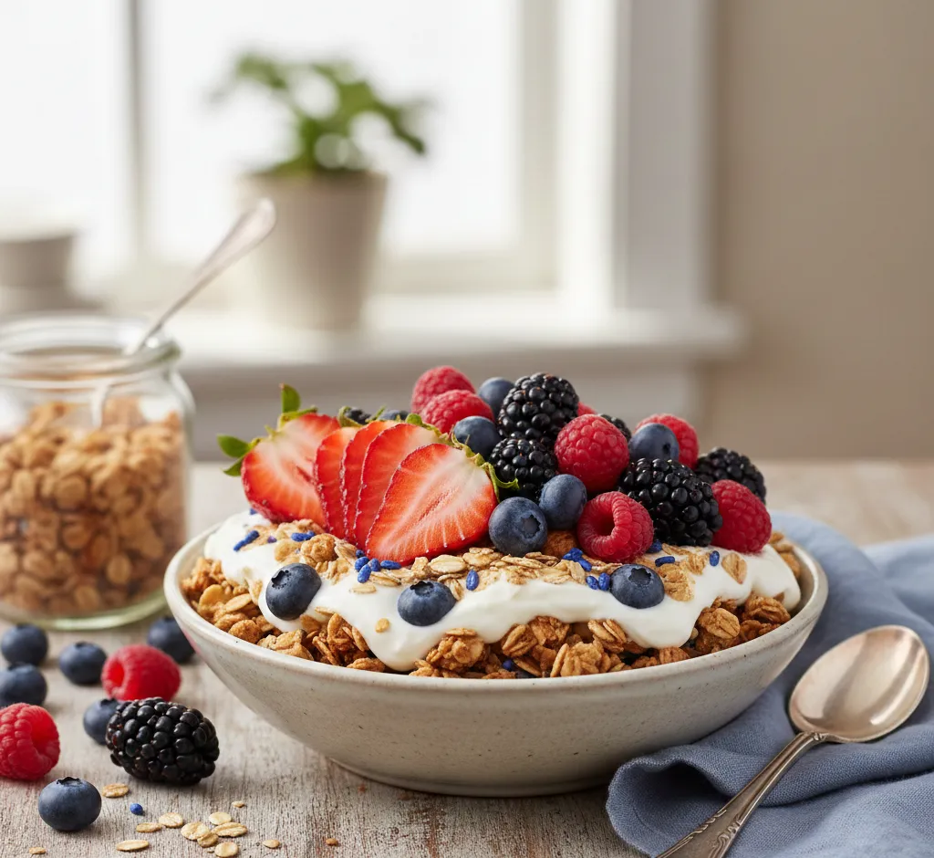 Granola met verse bessen topping: gezond, knapperig en onweerstaanbaar