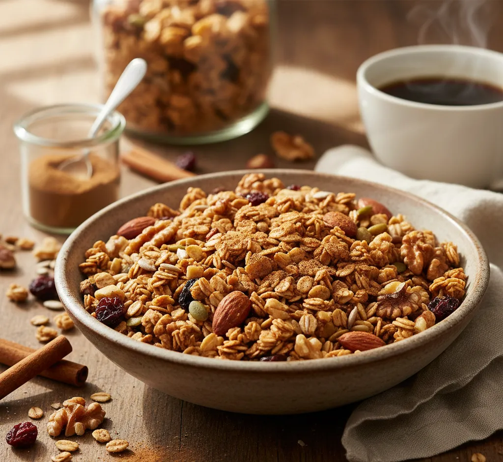 Zelfgemaakte granola met kaneel en nootmuskaat: knapperig, gezond en heerlijk kruidig